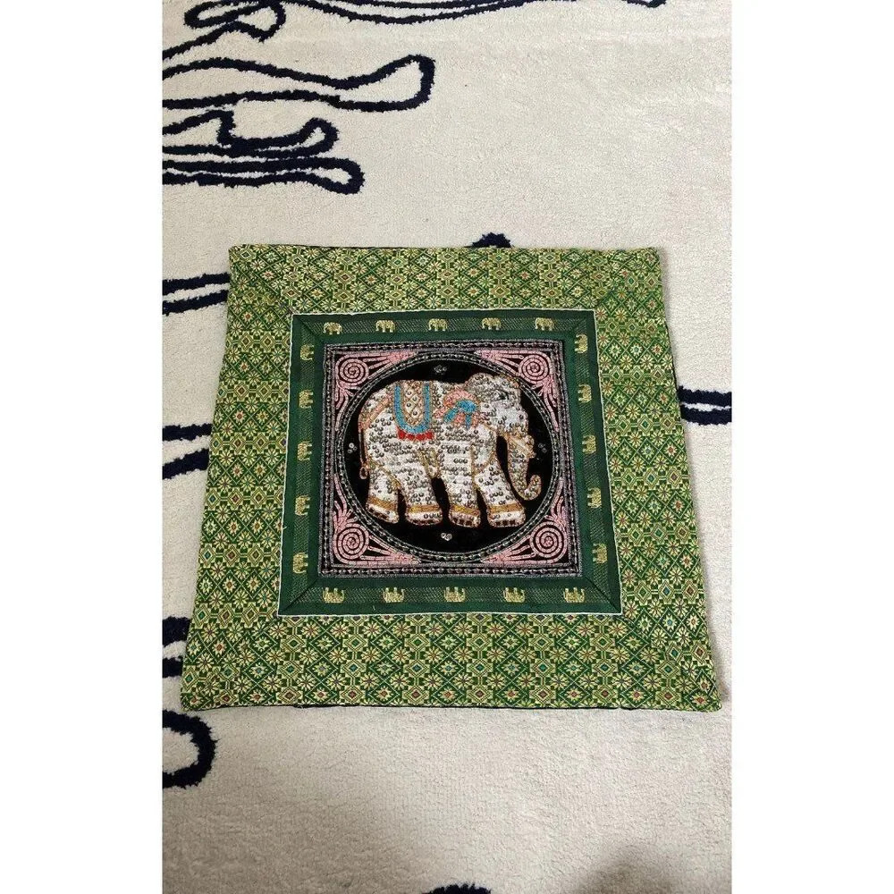 Handmade Sequence Embroidered Green Elephant Zipper Accent Decor Pillow Case